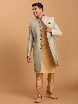 VASTRAMAY Men's Beige Silk Blend Sherwani With Rose Gold Kurta Pant Set