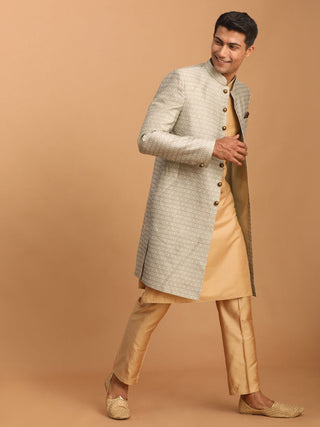 VASTRAMAY Men's Beige Silk Blend Sherwani With Rose Gold Kurta Pant Set