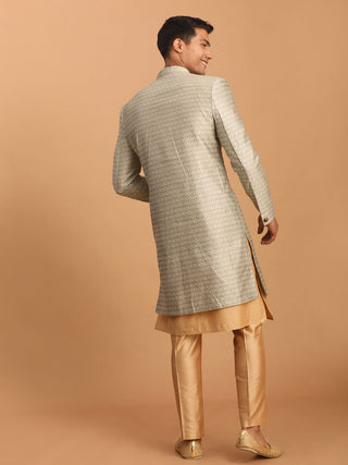 VASTRAMAY Men's Beige Silk Blend Sherwani With Rose Gold Kurta Pant Set