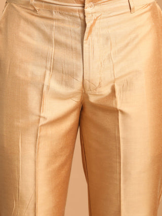 VASTRAMAY Men's Beige Silk Blend Sherwani With Rose Gold Kurta Pant Set
