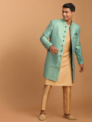 VASTRAMAY Men's Green Silk Blend Sherwani With Rose Gold Kurta Pant Set