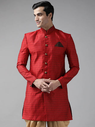 VASTRAMAY Men's Maroon Silk Blend Sherwani Top