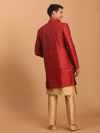 VASTRAMAY Men's Maroon Silk Blend Sherwani With Rose Gold Kurta Pant Set