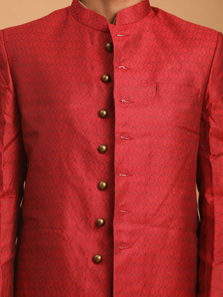 VASTRAMAY Men's Maroon Silk Blend Sherwani With Rose Gold Kurta Pant Set