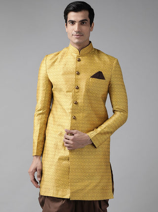 VASTRAMAY Men's Mustard Yellow Sik Blend Sherwani Top