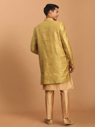 VASTRAMAY Men's Yellow Silk Blend Sherwani With Rose Gold Kurta Pant Set