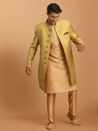 VASTRAMAY Men's Yellow Silk Blend Sherwani With Rose Gold Kurta Pant Set