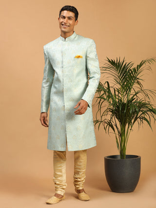 VASTRAMAY Men's Aqua Blue Woven Indo Western With Gold Pyjama Set