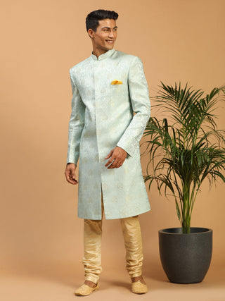 VASTRAMAY Men's Aqua Blue Woven Indo Western With Gold Pyjama Set