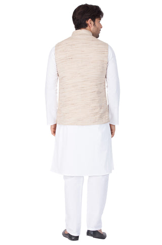 Men's White Cotton Blend Kurta, Ethnic Jacket and Pyjama Set