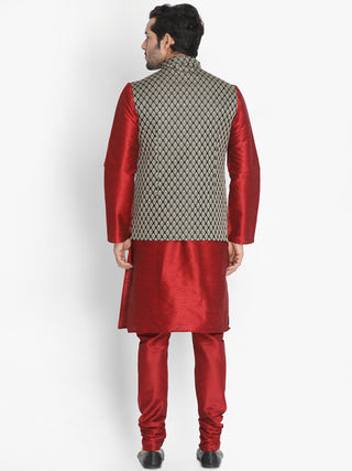 VM BY VASTRAMAY Men's Maroon Silk Blend Jacket with Kurta Pyjama Set