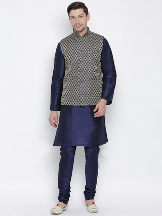 VM BY VASTRAMAY Men's Dark Blue Cotton Silk Blend Kurta, Ethnic Jacket Style Pyjama Set