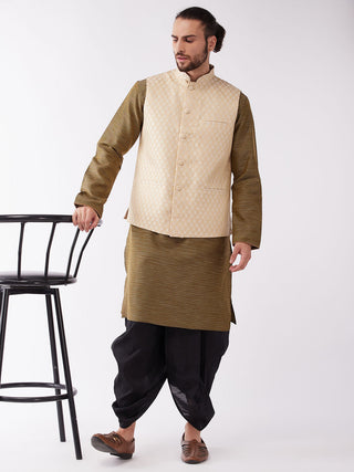 VASTRAMAY Men's Cream Silk Blend Jacket With Kurta Dhoti Set