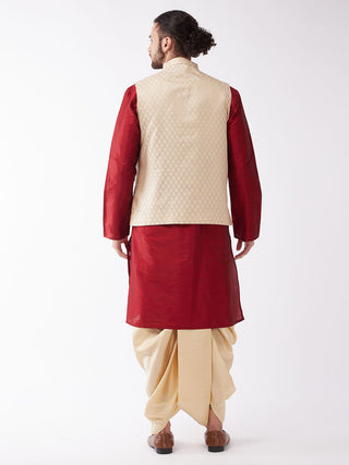 VM BY VASTRAMAY Men's Maroon Silk Blend Jacket With Kurta Dhoti Set