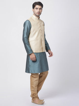 Men's Light Blue Cotton Silk Blend Kurta, Ethnic Jacket and Pyjama Set