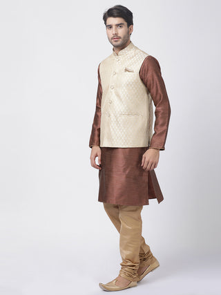 Men's Maroon Cotton Silk Blend Kurta, Ethnic Jacket and Pyjama Set