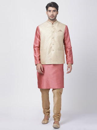 Men's Pink Cotton Silk Blend Kurta, Ethnic Jacket and Pyjama Set
