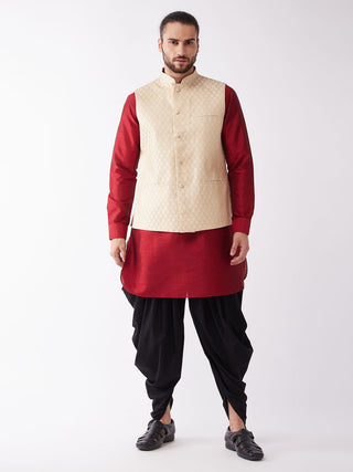 VM By VASTRAMAY Men's Gold Silk Blend Jacket With Curved Kurta Dhoti Set