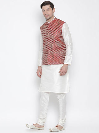 Men's White Cotton Silk Blend Kurta, Ethnic Jacket and Pyjama Set