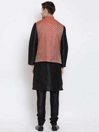 VM BY VASTRAMAY Men's Maroon Silk Blend Jacket With Kurta Pyjama Set