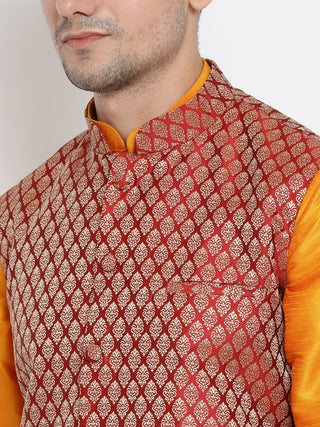 Men's Orange Cotton Silk Blend Ethnic Jacket, Kurta and Dhoti Pant Set