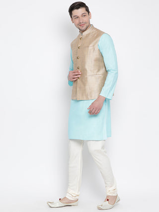 Men's Light Blue Cotton Blend Kurta, Ethnic Jacket and Pyjama Set
