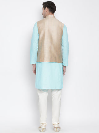 Men's Light Blue Cotton Blend Kurta, Ethnic Jacket and Pyjama Set