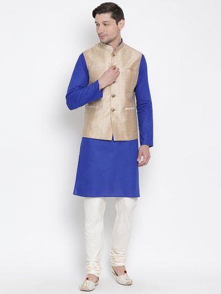 Men's Blue Cotton Blend Kurta, Ethnic Jacket and Pyjama Set