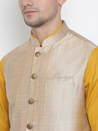 Men's Yellow Cotton Blend Kurta, Ethnic Jacket and Pyjama Set