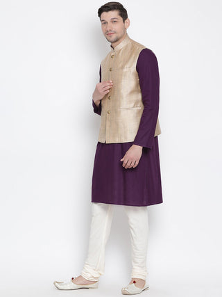 Men's Purple Cotton Blend Kurta, Ethnic Jacket and Pyjama Set
