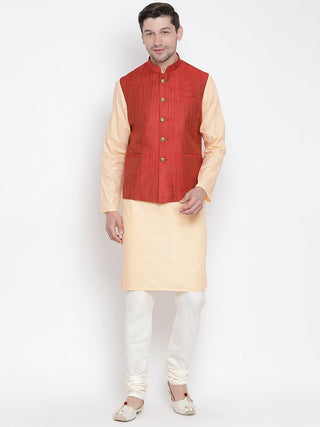 Men's Orange Cotton Blend Kurta, Ethnic Jacket and Pyjama Set