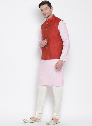 Men's Pink Cotton Blend Kurta, Ethnic Jacket and Pyjama Set