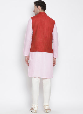 Men's Pink Cotton Blend Kurta, Ethnic Jacket and Pyjama Set