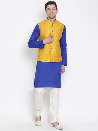 Men's Blue Cotton Blend Kurta, Ethnic Jacket and Pyjama Set