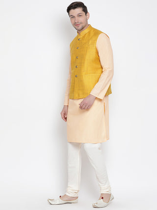 Men's Orange Cotton Blend Kurta, Ethnic Jacket and Pyjama Set