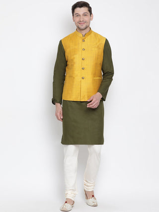 Men's Green Cotton Blend Kurta, Ethnic Jacket and Pyjama Set