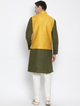 Men's Green Cotton Blend Kurta, Ethnic Jacket and Pyjama Set