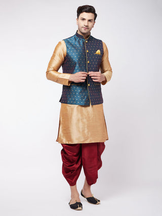 VM BY VASTRAMAY Men's Blue Zari Weaved Jacket With Kurta Dhoti Set
