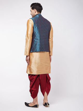 VM BY VASTRAMAY Men's Blue Zari Weaved Jacket With Kurta Dhoti Set