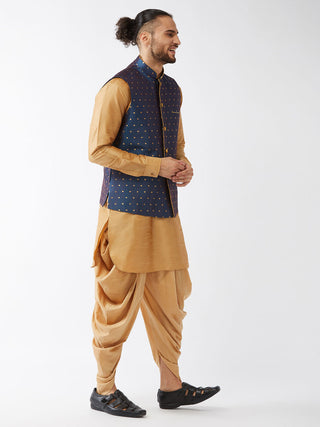VM By VASTRAMAY Men's Blue Zari Weaved Jacket With Kurta Dhoti Set