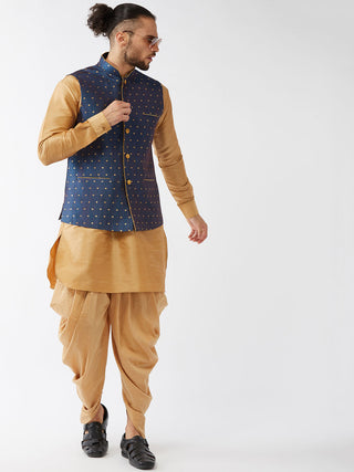 VM By VASTRAMAY Men's Blue Zari Weaved Jacket With Kurta Dhoti Set