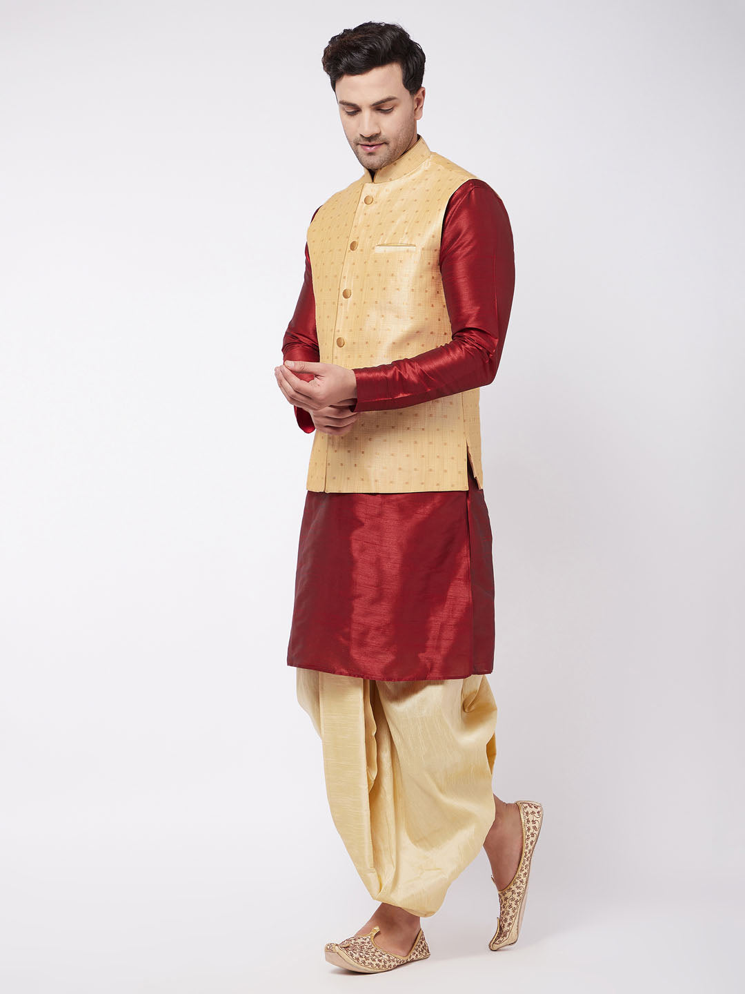 Men's Gold Zari Weaved Jacket With Kurta Dhoti Set