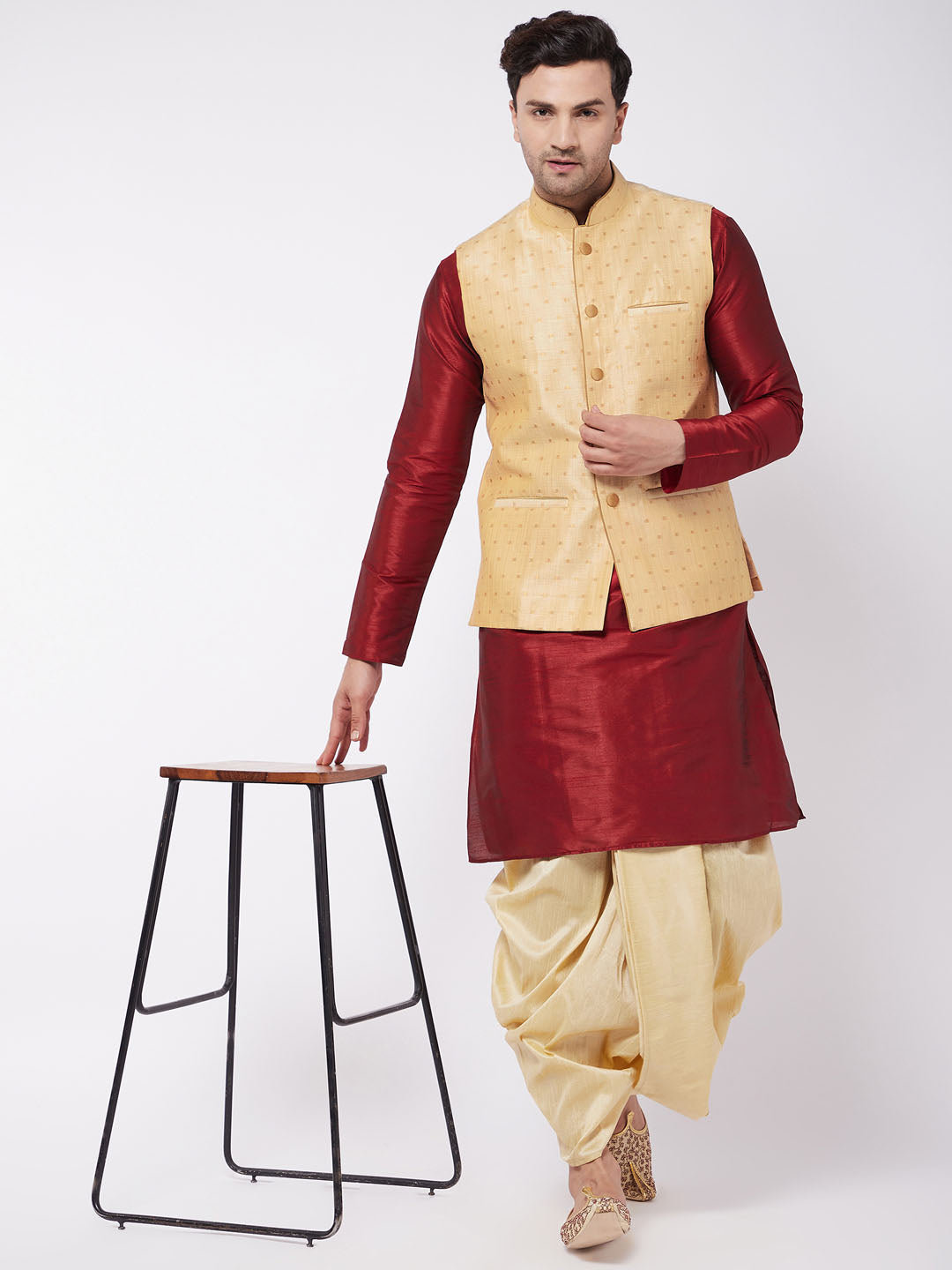 Men's Gold Zari Weaved Jacket With Kurta Dhoti Set