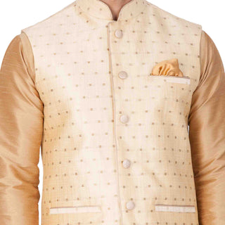 Men's Gold Cotton Silk Blend Kurta, Ethnic Jacket and Pyjama Set