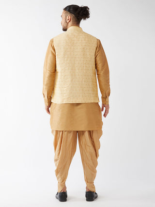 VM By VASTRAMAY Men's Gold Zari Weaved Jacket With Kurta Dhoti Set