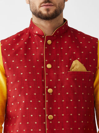 VM By VASTRAMAY Men's  Maroon Zari Weaved Jacket With Kurta Pyjama Set