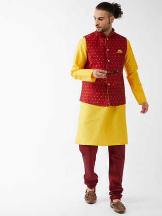 VM By VASTRAMAY Men's  Maroon Zari Weaved Jacket With Kurta Pyjama Set