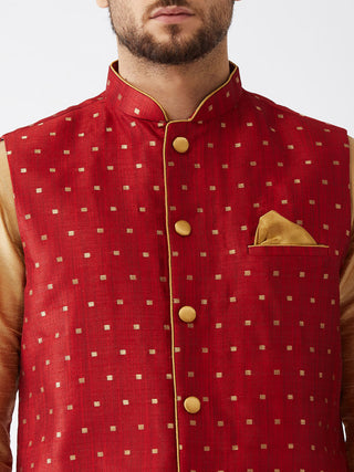 VM By VASTRAMAY Men's Maroon Zari Weaved Jacket With Kurta Pyjama Set