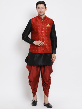 Men's Black Cotton Silk Blend Ethnic Jacket, Kurta and Dhoti Pant Set