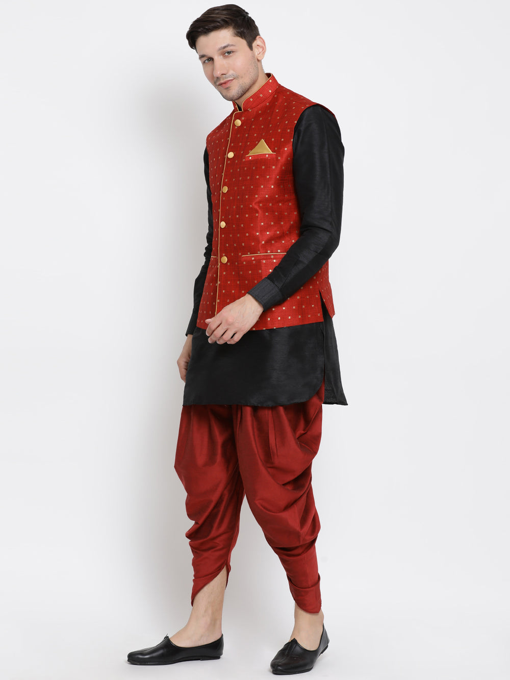Men's Black Cotton Silk Blend Ethnic Jacket, Kurta and Dhoti Pant Set